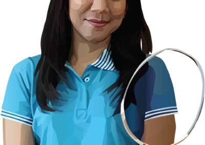Susi Susanti avec sa raquette de badminton