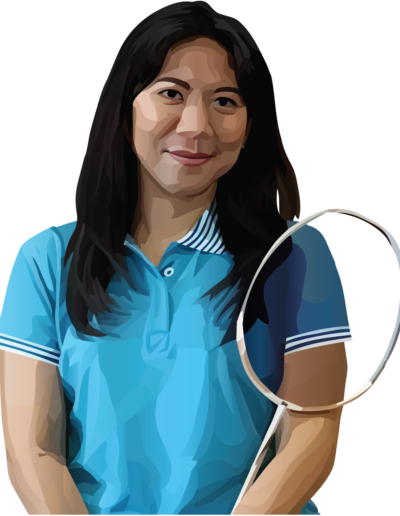 Susi Susanti avec sa raquette de badminton