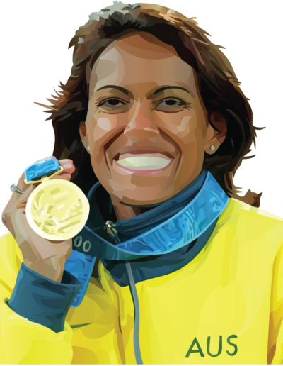 Cathy Freeman montrant sa médaille d'or olympique