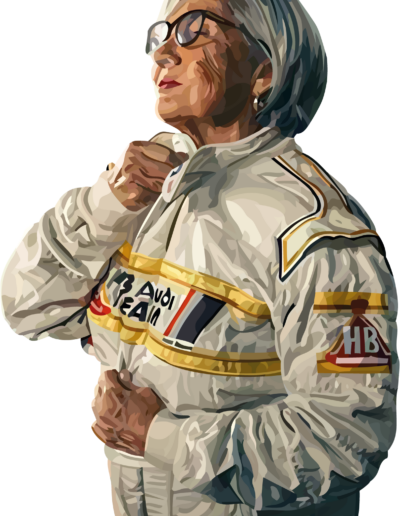 Michèle Mouton qui remet sa tenue de l'époque